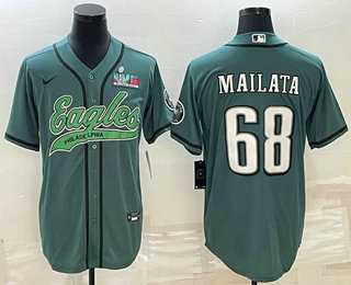 Mens Philadelphia Eagles #68 Jordan Mailata Green With Super Bowl LVII Patch Cool Base Stitched Baseball Jersey